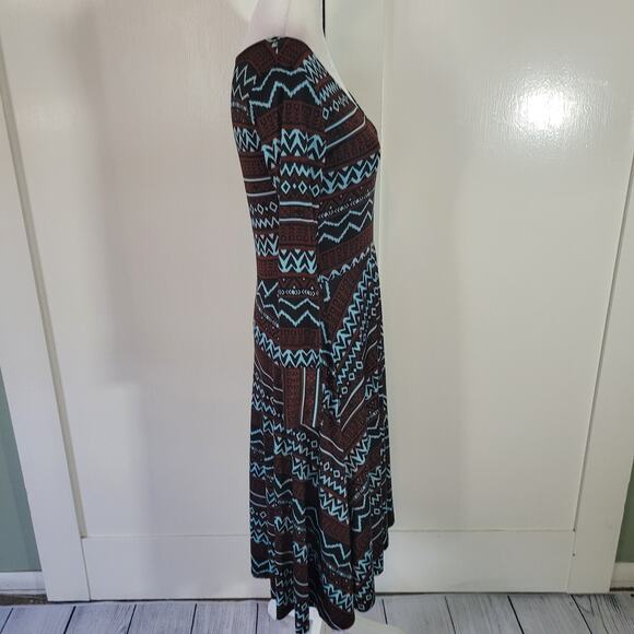 Casa Lee Size M Long Sleeve Geometric Bodycon Midi Dress V-Neck Teal Brown - Picture 4 of 11